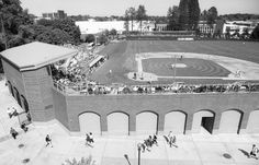 Park Dimensions; The park is symmetrical, measuring 330 feet down the foul lines, 365 to the power alleys and 400 to center. The fence is 14 feet high from left field to left-center, then eight feet high from left-center to right field.  The stadium was designed to complement the architecture of the surrounding campus, and to evoke the aura of baseball’s historic parks.