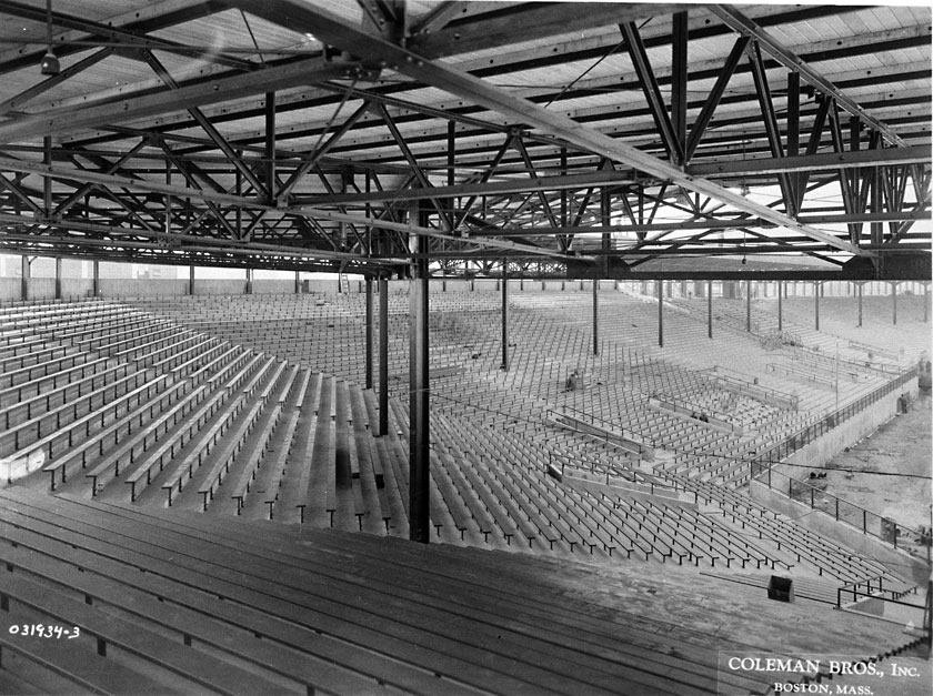 The grandstand was extended down the left-field line, replacing the space once occupied by the wooden bleachers that had burnt down in 1926.  (boston.redsox.mlb.com)