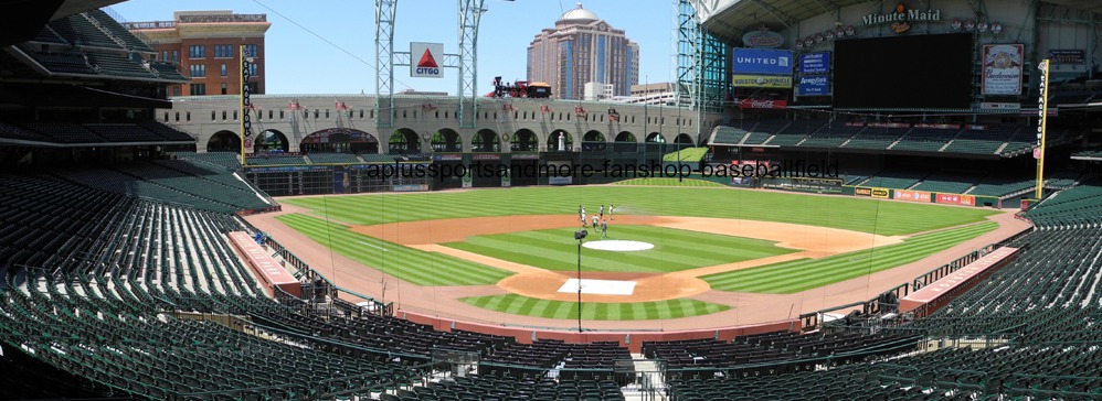 Wide angle view of Minute Maid Park showing downtown Houston