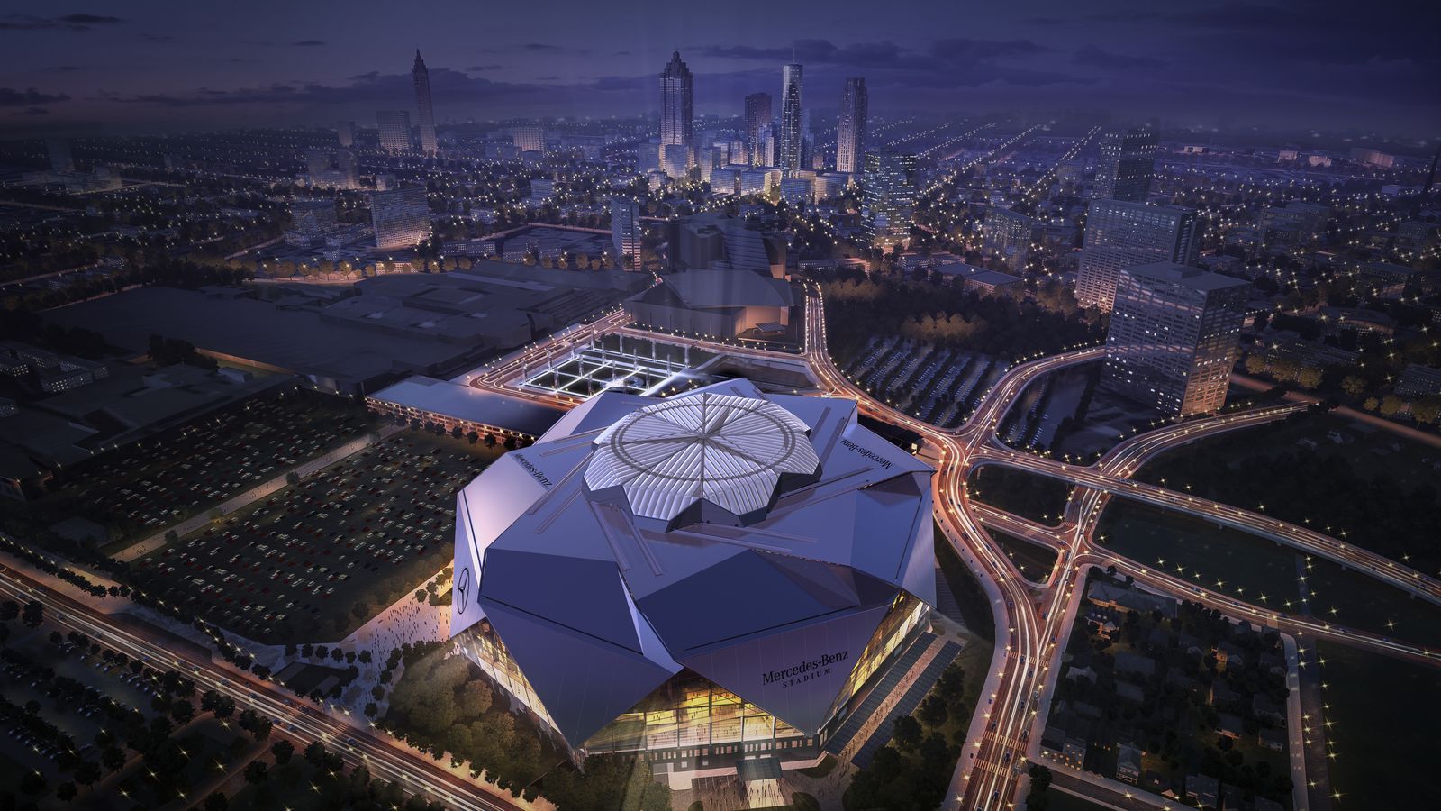 Mercedes Benz Stadium at night top closed.